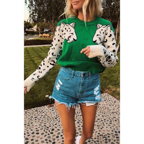 Unbranded Sweaters - LEOPARD PANTHER Sweater XL Green & Cream CHEETAH JAGUAR